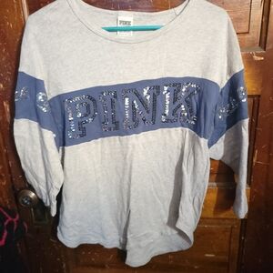 PINK Victoria's Secret Gray and Blue Long Sleeve Tee